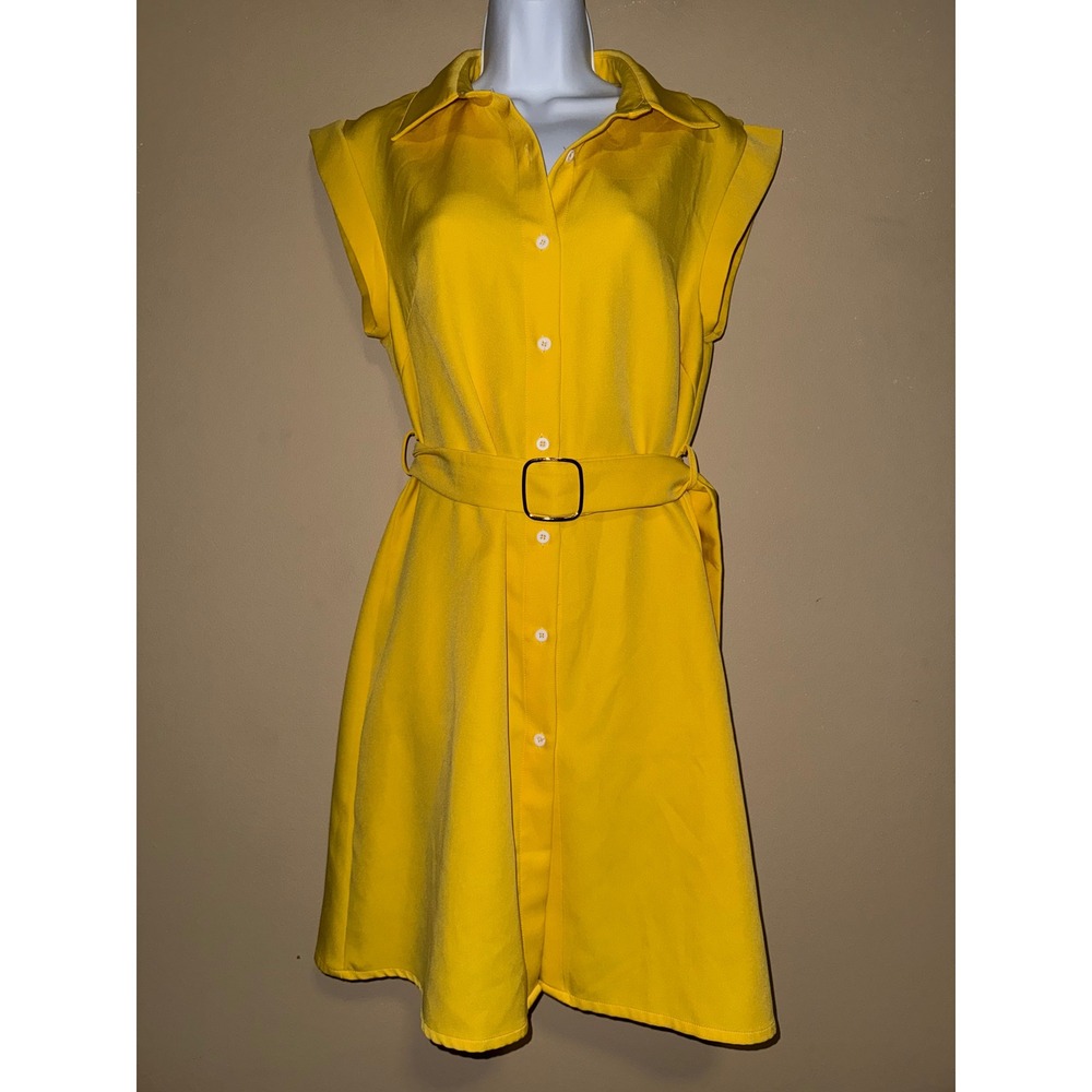 Mustard Yellow Belted Button‎ Down Shirt Dress Cap Sleeve Mini M Minimalist Chic